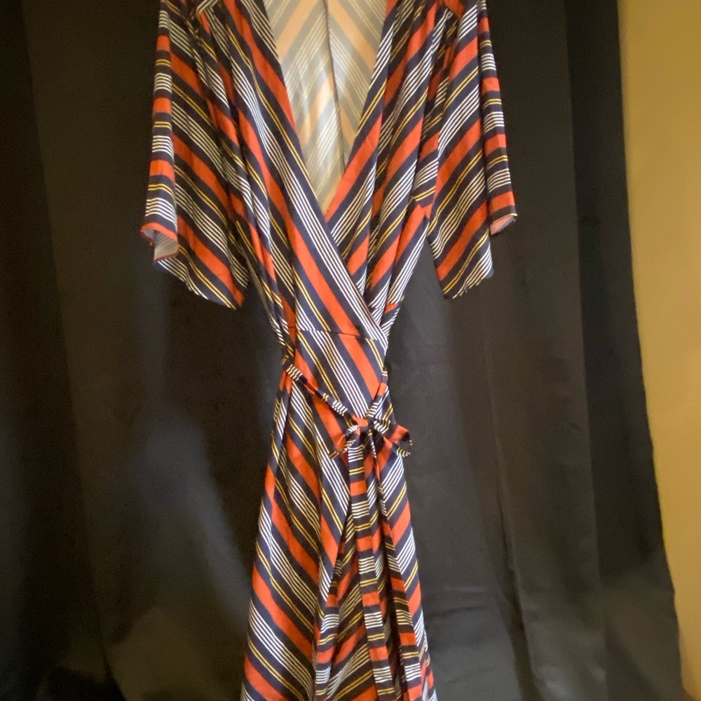 Eloquii Navy, Rust, Gold & White Stripe Wrap Midi Dress with Flutter Sleeves